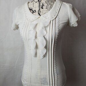 Lodispotto Capped Sleeve White Peter Pan Collar Top - Medium